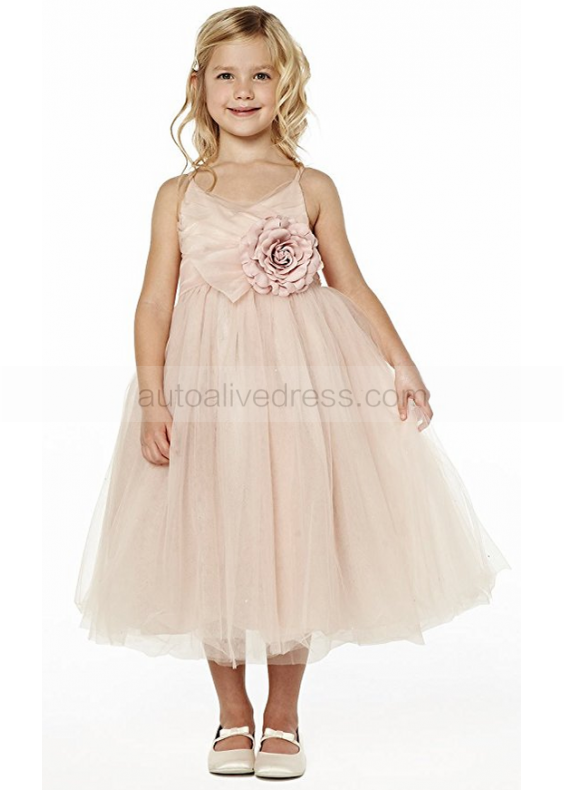 Blush Pink Pleated Tulle Tea Length Timeless Flower Girl Dress 